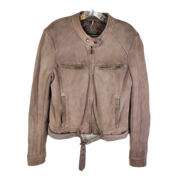 Free People Jackets & Blazers - Free People Ride By Knit Moto Jacket Tan Soft Cotton Zip Print Lined Belt Small